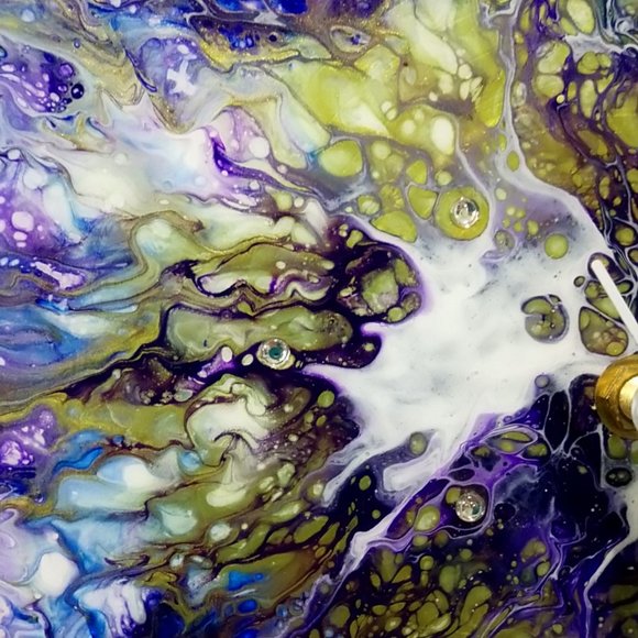 Hand Crafted Resin Clock Fluid Art Bling Purple Olive Green Rhinestones - Picture 4 of 11